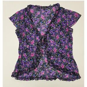 Notations XL Floral Sheer Ruffle Tie Front‎ Cap Sleeve Blouse Purple Pink